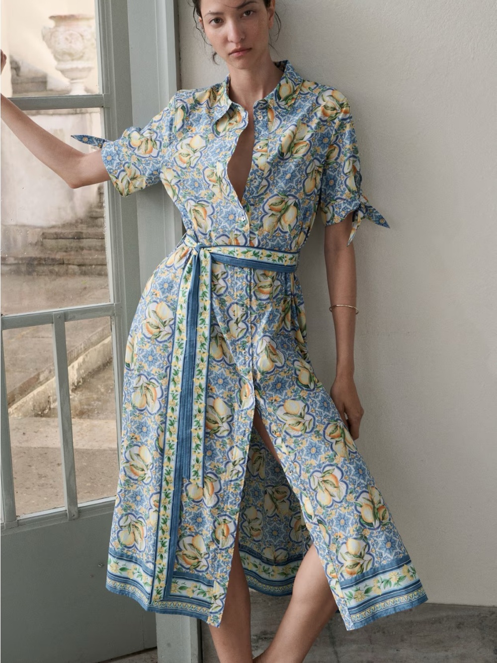H&M Blue and Yellow Floral-Print Button Midi Dress